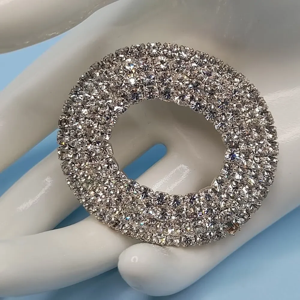 Vintage RMN Clear Rhinestone Oval Brooch, 1 7/8 Inches